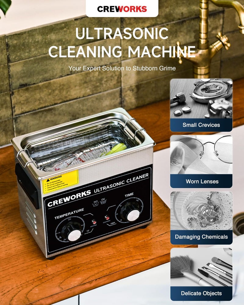 CREWORKS 3.2L Ultrasonic Cleaner with Heater & Timer, 304 Stainless Steel Sonic Cleaner, 0.8gal Ultrasonic Parts Cleaner with Knobs, 120W Professional Lab Ultrasonic Cleaner for Glasses Coin Microchip - Image 2